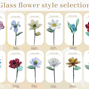 May include: A selection of glass flower styles, each with a different design and color, including red, blue, white, and yellow. Each flower is labeled with a month and its dimensions in inches and centimeters.
