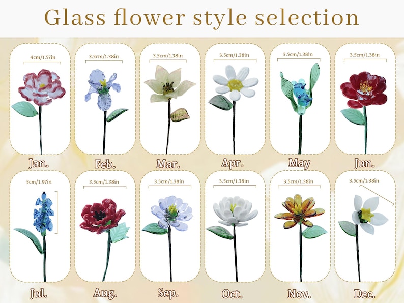 May include: A selection of glass flower styles, each with a different design and color, including red, blue, white, and yellow. Each flower is labeled with a month and its dimensions in inches and centimeters.