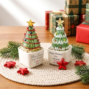 Personalized Mini Glass Christmas Tree, Custom  Ceramic Pot Tiny Xmas Tree Ornament, Handmade Mini Desk Christmas Decor, Holiday Gift