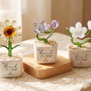May include: Three glass flowers in white ceramic pots filled with small stones. Each pot features the black text Thank You for helping me grow and the name LAYLA with a red heart. The flowers are yellow, purple, and white with green stems.