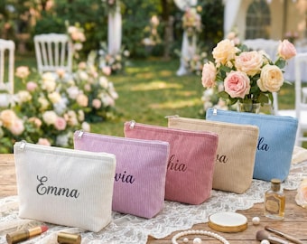 Bestickte Cordkosmetiktasche, personalisierte Make-up-Tasche, Brief-Kulturkosmetiktasche, Brautjungfer Vorschlag Geschenk, Hochzeitsfeier Geschenke Tasche