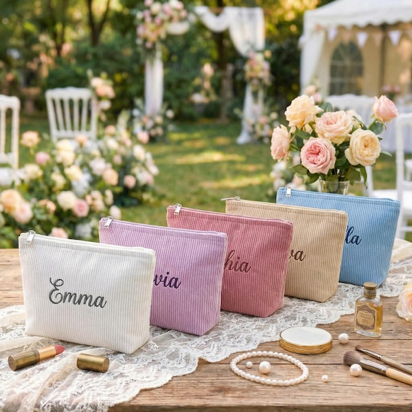 Embroidered Corduroy Cosmetic Bag, Personalized Makeup Bag, Letter Toiletry cosmetic bag, Bridesmaid Proposal Gift, Wedding Party Gifts Bag