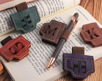 Custom Leather Bookmark, Personalized Engraved Leather Magnetic Bookmark with Pen Holder, Custom Name Bookmark, Christmas Reader Gift