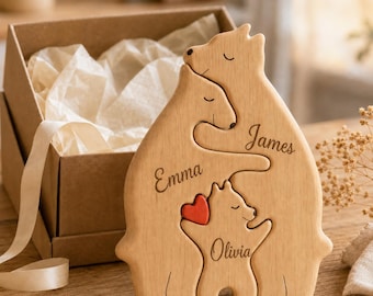 Personalized Wooden Bear Family Puzzle, 2–7 Names, Keepsake Gift for Mom and Dad