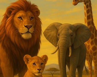 May include: An illustration of African wildlife, featuring a lion, lion cub, elephant, and giraffe. The lion has a large, orange mane. The animals are set against a golden-yellow sky and grassy plain.