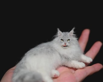 Escultura realista de gato en fieltro de aguja, gatito esponjoso de pelo largo, retrato de mascota en lana (7,6 cm), regalo para el Día del Padre
