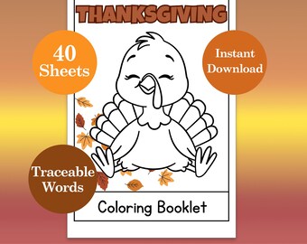 Libro para colorear de 40 páginas para niños sobre el Día de Acción de Gracias / Dibujo para repasar "DÍA DE ACCIÓN DE GRACIAS" en cada página / Divertida actividad imprimible para colorear de otoño