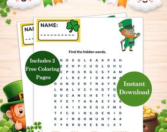 Sopa de letras del Día de San Patricio para niños, actividad imprimible, juego de rompecabezas festivo, diversión para el aula o fiestas, incluye 2 páginas para colorear gratis.