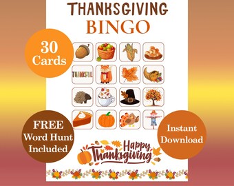 Bingo de Acción de Gracias: 30 tarjetas imprimibles + búsqueda de palabras (descarga digital)