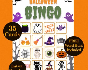 Juego de bingo de Halloween: 35 cartones únicos de 4x4, búsqueda de palabras (imprimible)