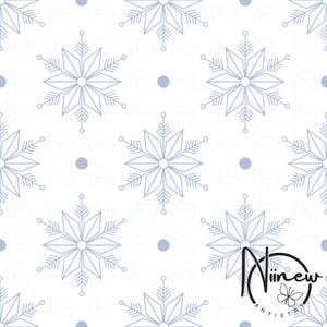 May include: A repeating pattern of light blue snowflakes and small dots on a white backdrop. The snowflakes are intricately designed with geometric shapes. The pattern creates a winter or festive theme, suitable for various applications.