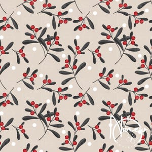 May include: A repeating pattern featuring stylized mistletoe branches with dark gray leaves and bright red berries. The background is a light beige color with scattered white dots, creating a festive, seasonal design.