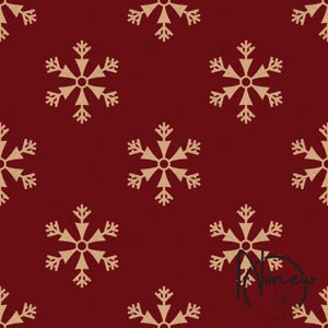 May include: A repeating pattern of beige snowflakes on a deep red background. The snowflakes are symmetrical, with six points and a detailed, stylized design. The overall theme is festive and winter-related.