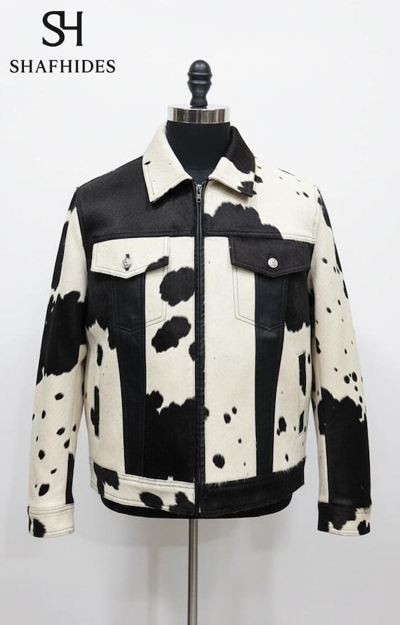 Handmade Western Cowboy Cowhide Jacket – Genuine Leather Hair-On Hide Rodeo Jacket for Men