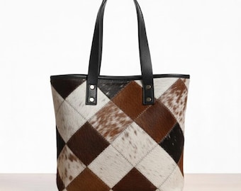 Borsa tote in pelle di mucca patchwork fatta a mano – Borsa a tracolla western in pelle con pelo per donna