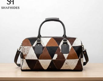 Handmade Cowhide Patchwork Duffle Bag – Black & White Leather Weekender Bag