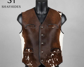 Handmade Western Cowhide Vest – Genuine Leather Cowboy Hair-On Hide Rodeo Vest for Men