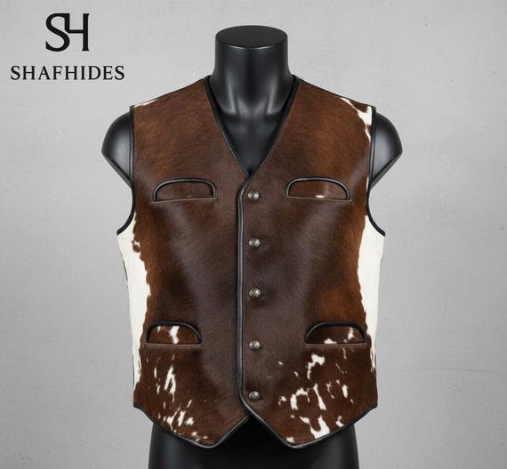 Handmade Western Cowhide Vest – Genuine Leather Cowboy Hair-On Hide Rodeo Vest for Men
