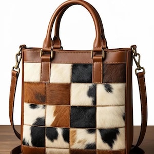 Bolso tote de patchwork de piel de vaca auténtica: bolso de hombro hecho a mano con pelo para mujer
