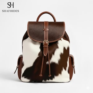 Brązowo-biały plecak ze skóry bydlęcej – ręcznie robiona torba na ramię i podróżna w stylu western