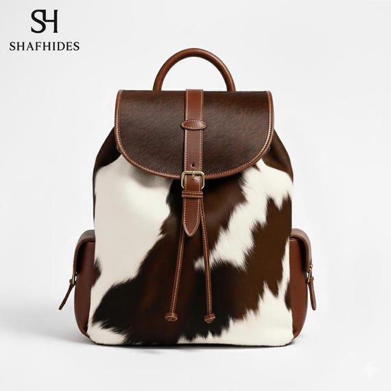 Brown and White Cowhide Leather Backpack – Handmade Hair on  display picture 3