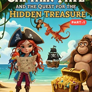 May include: A colourful illustration for a children's book cover, titled "Captain Faye and the Quest for the Hidden Treasure." The image features a young pirate girl, a treasure map, a parrot, a monkey, a dragon, a treasure chest, and a pirate ship.