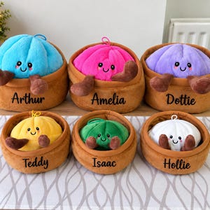 May include: Six plush dumpling toys in brown baskets, each with a different coloured top: blue, pink, purple, yellow, green, and white. Each basket features a name embroidered in black: Arthur, Amelia, Dottie, Teddy, Isaac, and Hollie.