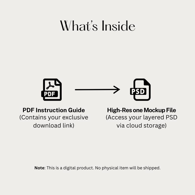 Puede incluir: Un gr&aacute;fico que muestra el contenido de un producto digital. El texto dice "What's Inside" con un icono PDF y el texto "PDF Instruction Guide" y un icono PSD con el texto "High-Res one Mockup File". La nota en la parte inferior dice "Este es un producto digital. No se enviar&aacute; ning&uacute;n art&iacute;culo f&iacute;sico."