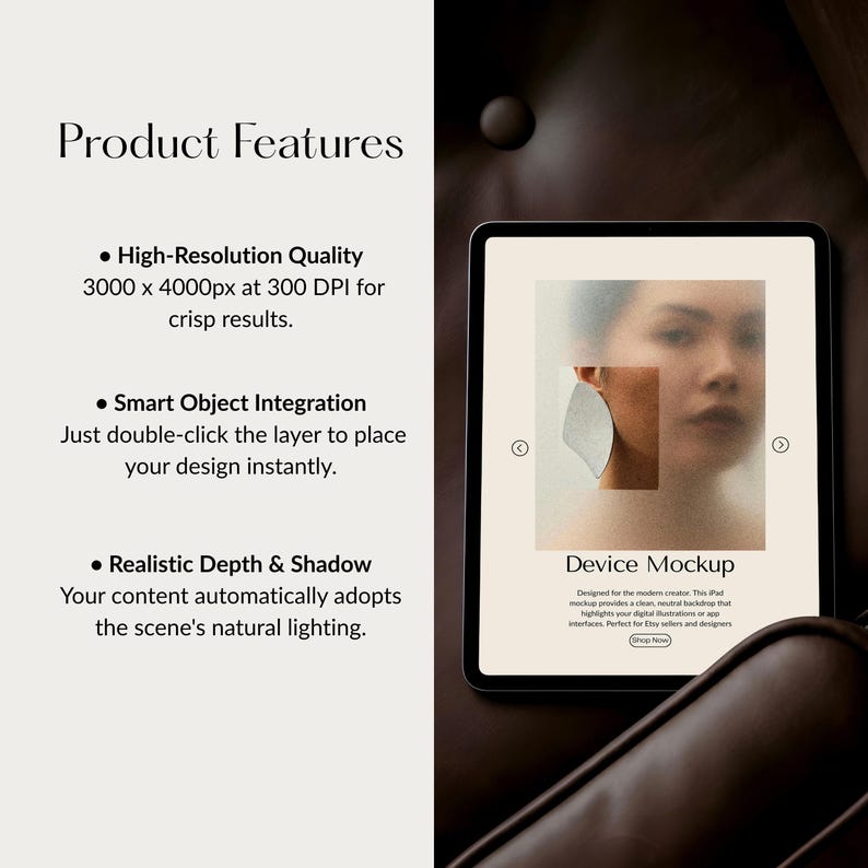 Puede incluir: Maqueta de tableta digital con una imagen borrosa en la pantalla, sobre un fondo de cuero marr&oacute;n. El texto en la pantalla dice "Device Mockup". La imagen tambi&eacute;n incluye texto que describe las caracter&iacute;sticas del producto.