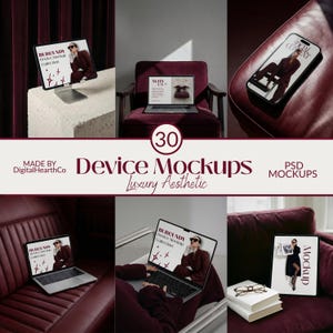 May include: A collection of device mockups featuring a burgundy color scheme. The image showcases laptops, tablets, and smartphones with stylish designs. The text on the image reads "Device Mockups Luxury Aesthetic" and "30 PSD Mockups."