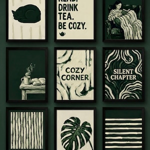 May include: Nine framed art prints with a cozy theme. The prints feature images of a cat, text that reads "Read. Drink Tea. Be Cozy.", a person reading, a mug and book, "Cozy Corner", "Silent Chapter", "Hygge", a monstera leaf, and "Relax".