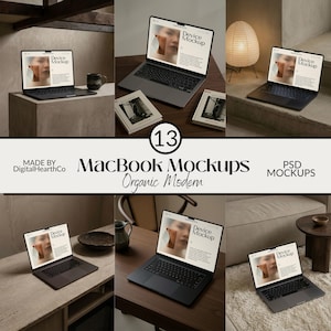 May include: A collection of MacBook mockups in various settings. Each laptop displays a "Device Mockup" screen. The image includes the text "MacBook Mockups" and "Organic Modern". The mockups are presented in a modern, neutral aesthetic.
