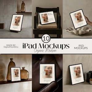 May include: A collection of iPad mockups with a modern, organic aesthetic. The image features multiple iPads displaying a "Device Mockup" design, arranged in various settings. Text includes "10 iPad Mockups," "Organic Modern," and "PSD Mockups."