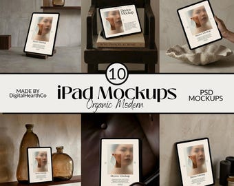 10 Maquetas PSD de iPad Maqueta de tableta moderna orgánica Plantilla de sitio web minimalista Exhibición de arte digital Conjunto de maquetas de marca estética