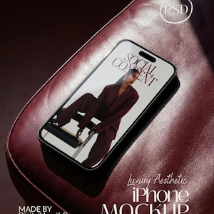 Luxury iPhone Mockup Burgundy Leather Aesthetic Phone Template Dark Moody Social Media Content Creation Kit PSD Smart Object High Resolution