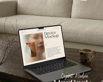 Organic Modern MacBook Mockup Living Room Laptop Mockup PSD Smart Object Minimalist Editorial Device Mockup Quiet Luxury Screen Mockup