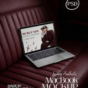 Website Display Mockup MacBook Laptop Screen Template For Photoshop UI Design Portfolio Showcase Dark Red Leather Luxury Tech Scene