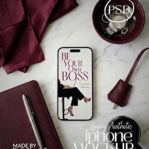 Luxury iPhone Mockup Business Flat Lay Burgundy Planner Silver Watch Marble Desk Aesthetic Office Phone Template Social Media Marketing PSD