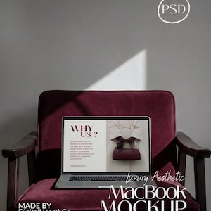 Luxury Laptop Mockup PSD Dark Academia Aesthetic MacBook Template High Res Smart Object Screen Replacement Burgundy Interior Decor