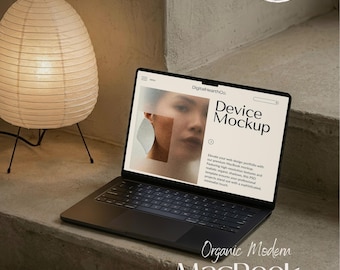MacBook Mockup PSD Warm Ästhetik Laptop Bildschirm Mockup Organischer moderner Stein Schreibtisch Webdesign Portfolio Vorlage Smart Objekt Mockup