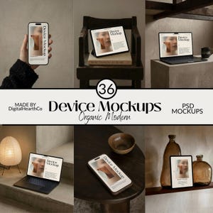 Ensemble de 36 maquettes esthétiques pour appareils : maquette minimaliste de MacBook, maquette d'iPad, maquette d'iPhone (format PSD), style éditorial neutre, pack technique à télécharger.
