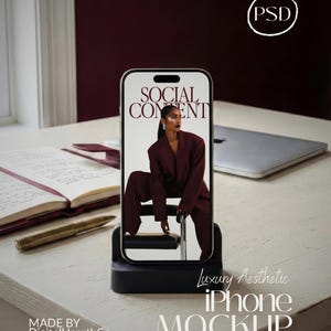 Luxury iPhone Mockup Standing Dock Vertical App Display Modern Business Aesthetic Marketing Template UI UX Showcase Social Media PSD