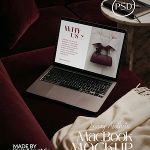Mockup di MacBook di lusso PSD Dark Academia Laptop Template Burgundy Velvet Website Display Smart Object Digital Planner Mockup UI Design Screen