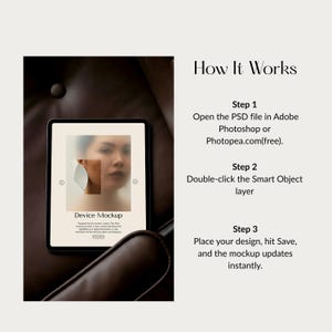 Puede incluir: Una tableta negra que muestra una maqueta de dispositivo con el rostro de una mujer y texto. El texto dice "Device Mockup" y "How It Works" con instrucciones sobre c&oacute;mo usar la maqueta en Photoshop o Photopea.