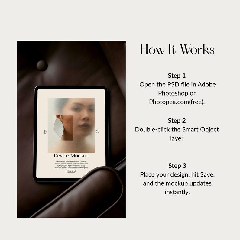 Puede incluir: Una tableta negra que muestra una maqueta de dispositivo con el rostro de una mujer y texto. El texto dice "Device Mockup" y "How It Works" con instrucciones sobre c&oacute;mo usar la maqueta en Photoshop o Photopea.