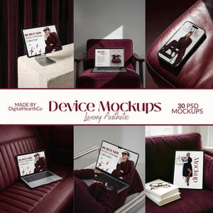 Paquete de 30 maquetas de dispositivos para iPhone, iPad y MacBook, plantilla de lujo con estética burdeos, kit de marca académica oscura, contenido PSD para redes sociales y estilo de vida.