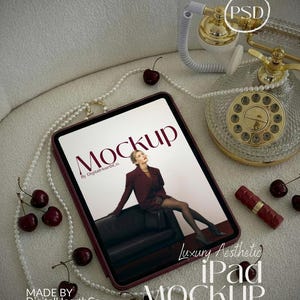 Luxury iPad Mockup PSD Coquette Aesthetic Tablet Mockup Vintage Pearl High Res Smart Object Photoshop Template Social Media Content Showcase