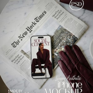 Luxury iPhone Mockup Newspaper Flat Lay Burgundy Leather Gloves Marble Desk Aesthetic Business Editorial Phone Template Social Media Kit PSD
