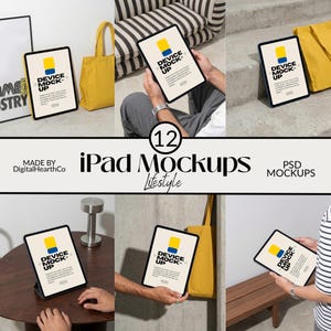 May include: A collection of twelve digital tablet mockups featuring a screen display with a yellow and blue graphic, the text DEVICE MOCK-UP, and descriptive copy. The tablets are shown in various lifestyle settings, including being held and placed on surfaces.