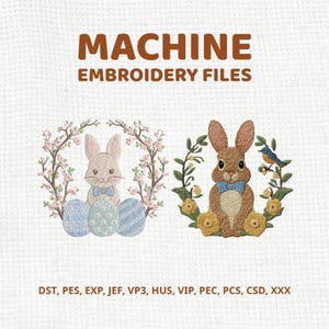 May include: Machine embroidery files with two Easter bunny designs. One bunny is light brown with a blue bow tie, surrounded by a floral wreath. The other bunny is light brown with a blue bow tie, surrounded by a floral wreath and blue eggs.